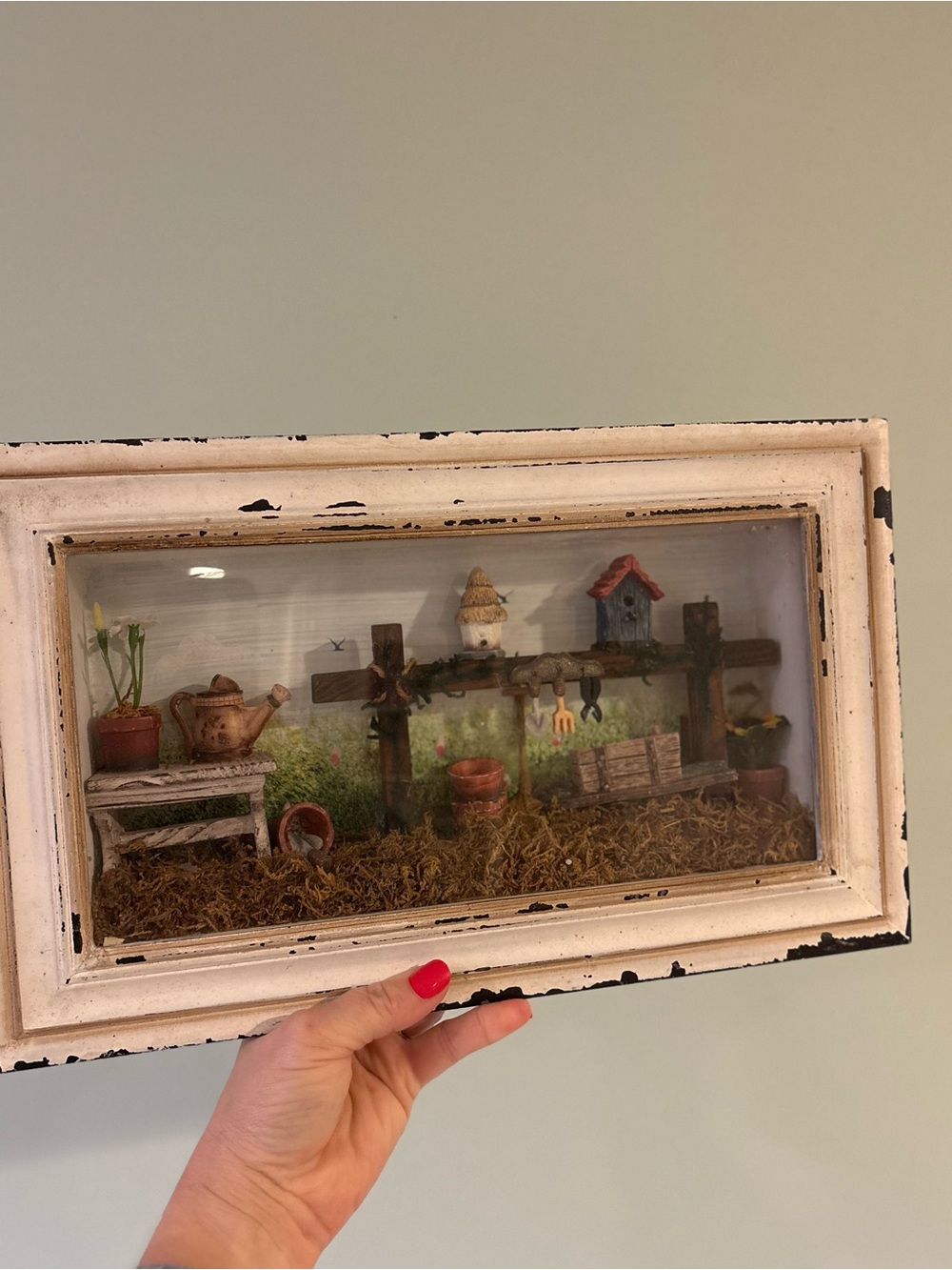 Vintage Miniature Garden Shadow Box in Distressed White Frame